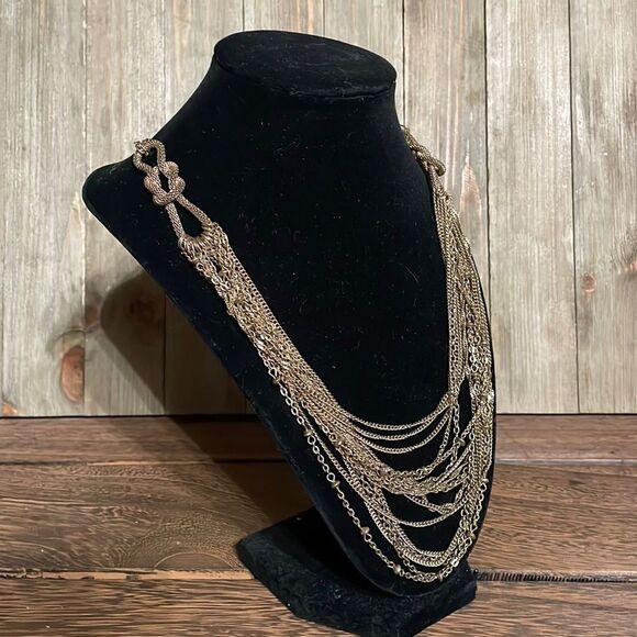 Long Gold Chunky Layered Necklace w/ Looped Infinity Chain - Picture 4 of 12
